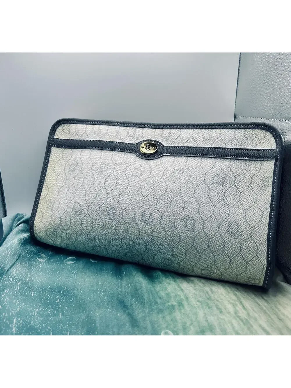 Vintage Christian Dior Honeycomb Canvas Cosmetic Bag/ Clutch – White/Grey